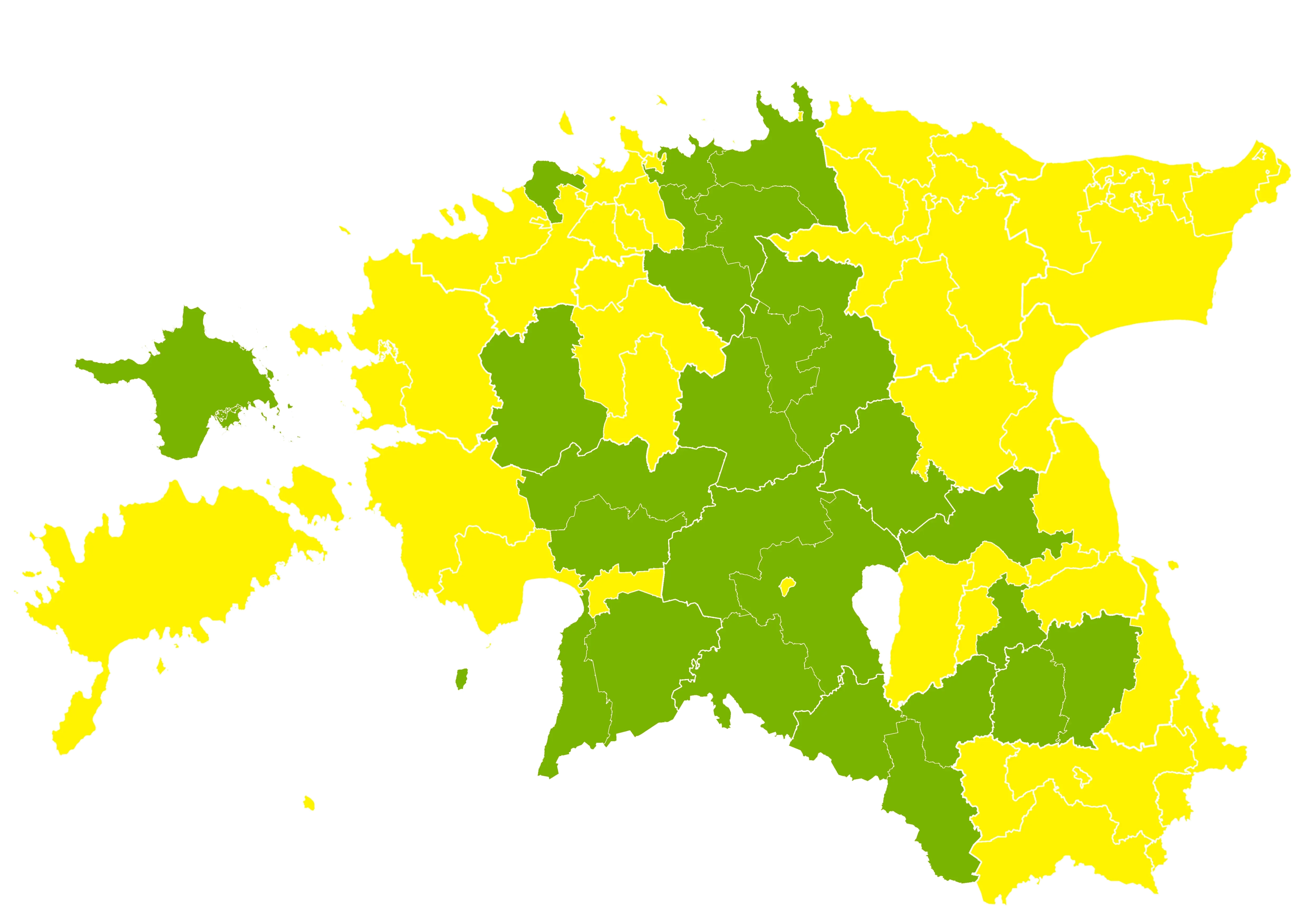 Eesti kaart: kollasega on märgitud Eesti Jäätmehoolduskeskuse liikmesomavalitsused